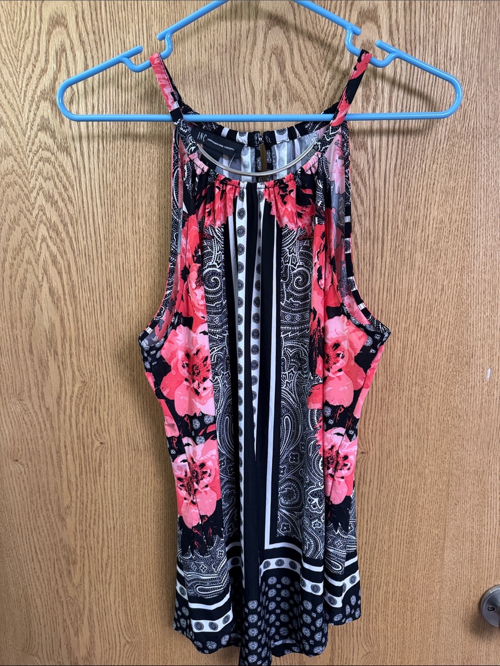INC International Concepts Black and Pink Floral Halter Tank